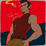  1boy adam&#039;s_apple belt black_belt black_hair brown_pants closed_mouth dated male_focus mother_(game) mother_1 muscular muscular_male pants pectorals pompadour red-tinted_eyewear red_shirt shifumame shirt short_hair sideburns sleeveless sleeveless_shirt smoke solo teddy_(mother) tinted_eyewear 