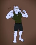 absurd_res bottomwear canid canine canis clothing dog_tags flexing fur gym_clothing hi_res louis_(mckodimus) male mammal mckodimus military scar shirt shorts solo tank_top topwear white_body white_fur wolf