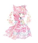  1girl animal_ear_fluff animal_ears blush_stickers book bow braid cape cat_ears cat_tail closed_mouth commentary_request dress dress_bow eyelashes flower frilled_dress frills frown full_body gloves green_eyes highres holding holding_book korean_commentary leaf long_dress long_hair looking_ahead mini_tiara original petals pink_bow pink_cape pink_dress pink_flower pink_hair pink_rose ribbon rose saelah_andlus short_sleeves simple_background single_braid solo tail tiara white_background white_gloves white_headwear white_ribbon white_sleeves 