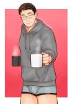  1boy bara boxers bulge closed_eyes cup facing_viewer glasses grey_male_underwear hood hoodie incoming_drink male_focus male_underwear mug no_pants original schwinn57 short_hair sideburns smile solo steam two-tone_background underwear 