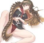  1girl black_shirt braid breasts brown_eyes brown_hair chinese_zodiac closed_mouth clothes_writing commentary_request dragon eastern_dragon highres looking_to_the_side lying medium_breasts miyako_(naotsugu) multicolored_hair on_back original panties red_hair red_panties shirt simple_background single_braid solo t-shirt thighs translation_request two-tone_hair underwear white_background year_of_the_dragon 