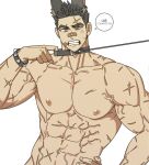  1boy abs anger_vein bandaid bandaid_on_face bandaid_on_nose bara black_hair clenched_teeth closed_eyes frown highres large_pectorals leash leash_in_mouth leash_pull looking_at_viewer male_focus muscular muscular_male na-eun_(ejdbvaaqup08jfy) nipples nude original pectorals scratching_head short_hair solo speech_bubble stomach teeth thick_eyebrows too_many_scars upper_body 