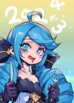  1girl 2023 2024 black_bow black_dress black_gloves blush bow breasts dress drill_hair drooling fork gloves green_eyes green_hair grey_dress gwen_(league_of_legends) hair_bow holding holding_fork holding_knife knife league_of_legends long_hair phantom_ix_row small_breasts smile solo twin_drills twintails 