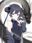  1girl black_dress black_gloves black_hair blue_archive blush butterfly_hair_ornament china_dress chinese_clothes closed_mouth coat double_bun dragon dragon_print dress eastern_dragon gloves grey_coat grey_eyes hair_bun hair_ornament highres kisaki_(blue_archive) long_hair long_sleeves open_clothes open_coat raimu_(clanberry000) smile solo striped striped_coat twintails vertical-striped_coat vertical_stripes 