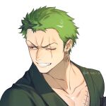  1boy armband artist_name black_armband black_eyes clenched_teeth coat collarbone colored_skin dated earrings furrowed_brow green_coat green_eyes highres jewelry jyukawa looking_to_the_side male_focus one_eye_closed one_piece pectoral_cleavage pectorals portrait roronoa_zoro scar scar_across_eye scar_on_chest scar_on_face short_hair simple_background single_earring smile solo teeth v-shaped_eyebrows white_background white_skin 