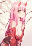  1girl bare_shoulders blurry blurry_background breasts brown_sash cherry_blossoms cleavage closed_mouth collarbone commentary darling_in_the_franxx english_commentary fang floral_print glint green_eyes highres horns huge_breasts japanese_clothes kangbus kimono leaning_forward lips long_hair oni_horns pink_hair print_kimono red_horns red_kimono solo zero_two_(darling_in_the_franxx) 