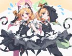  2girls alternate_costume animal_ear_headphones animal_ears arianna_the_labrynth_servant arianna_the_labrynth_servant_(cosplay) arianne_the_labrynth_servant arianne_the_labrynth_servant_(cosplay) black_dress black_footwear black_gloves blonde_hair blue_archive blush card color_connection cosplay dress fake_animal_ears flat_chest flying_sweatdrops gloves green_eyes green_halo halo headphones highres holding holding_card midori_(blue_archive) momoi_(blue_archive) multiple_girls open_mouth pink_halo red_eyes shoes short_hair siblings sisters smile teallysky yu-gi-oh! 