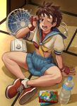  1girl absurdres bottle brown_eyes brown_hair commentary full_body highres indian_style kasugano_sakura matheu_gafanhot one_eye_closed open_mouth shoes sitting sneakers solo street_fighter street_fighter_zero_(series) sweat water_bottle 