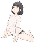  1girl 1ssakawaguchi =_= absurdres arm_support bare_legs barefoot black_shorts blush bob_cut breasts closed_eyes dolphin_shorts highres ichika_(1ssakawaguchi) medium_breasts original shirt short_sleeves shorts simple_background solo spread_legs stretching white_background white_shirt 