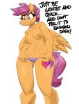 absurd_res anthro clothed clothing cutie_mark dialogue english_text equid equine eyelashes female fingers flutterthrash friendship_is_magic hair hasbro hi_res inverted_nipples looking_down mammal my_little_pony nipples orange_body panties pegasus portrait purple_eyes purple_hair purple_tail scootaloo_(mlp) simple_background solo tail text three-quarter_portrait topless underwear white_background wings