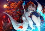  2girls akagi_(azur_lane) animal_ears anthropomorphism autumn azur_lane blue_eyes brown_hair fire foxgirl japanese_clothes kaga_(azur_lane) leaves long_hair magic moon multiple_tails night sky tail tougenkyou tree white_hair 