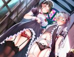  2girls black_hair blue_eyes blush cropped dress garter_belt gray_hair hiragi_ringo long_hair maid navel orange_eyes original panties short_hair skirt_lift stockings underwear 