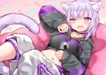  animal_ears blush catgirl collar hololive hoodie navel nekomata_okayu purple_eyes purple_hair short_hair sukemyon tail wink 