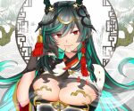  1girl black_hair braid breasts chinese_zodiac draph granblue_fantasy green_eyes green_hair hair_ornament highres horns large_breasts looking_at_viewer mole mole_under_mouth multicolored_eyes multicolored_hair payila_(granblue_fantasy) pointy_ears ppptoka red_eyes single_braid solo upper_body 