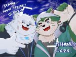 2023 anthro black_nose blush canid canine canis domestic_dog duo eyes_closed fireworks fur green_body harumuname hi_res holidays humanoid_hands kemono lifewonders live_a_hero male mammal mokdai new_year one_eye_closed outside overweight overweight_male white_body white_fur wink yohack