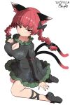  1girl absurdres animal_ears black_bow black_dress black_footwear bow braid breasts cat_ears cat_girl cat_tail chups cleavage closed_mouth dated dress extra_ears full_body green_dress hair_bow half-closed_eyes hand_on_own_chest highres kaenbyou_rin large_breasts multiple_tails nekomata red_eyes red_hair red_nails side_braids signature simple_background solo tail touhou twin_braids two_tails white_background 