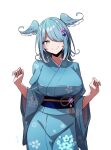  1girl aqua_nails batta_16-sei blue_eyes blue_hair blue_kimono breasts cowboy_shot elira_pendora floral_print hair_over_one_eye head_wings highres japanese_clothes kimono large_breasts looking_at_viewer signature simple_background smile solo white_background wings 