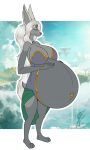 anthro big_breasts blue_eyes brasslion breasts clothed clothing female hair hand_on_stomach hi_res huge_belly hyper hyper_pregnancy long_hair mineru nintendo pregnant solo spirit_stone tears_of_the_kingdom the_legend_of_zelda white_hair zonai