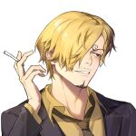  1boy artist_name beard black_bow black_hair black_suit blonde_hair bow cigarette colored_skin curly_eyebrows dated facial_hair hair_between_eyes hair_over_one_eye hand_up head_tilt highres holding holding_cigarette jyukawa looking_to_the_side male_focus necktie one_piece parted_lips portrait sanji_(one_piece) shirt short_hair simple_background solo suit white_background white_skin yellow_necktie yellow_shirt 