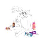 2022 anthro bag beverage bugsnax can container digital_media_(artwork) english_text eyewear fan_character glasses grumpus hair half-closed_eyes hi_res holding_beverage holding_can holding_container holding_object narrowed_eyes nonbinary_(lore) pawpads puddle shaibey shaibey_(shaibey) simple_background sitting sitting_on_ground sketch sling_bag solo speech_bubble straw teeth text three-quarter_view white_background young_horses