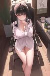  1girl bare_legs black_hair black_halo blue_archive blush bottomless breasts bright_pupils buttons chair cleavage collared_shirt halo highres large_breasts long_hair long_sleeves looking_at_viewer melt_(melt_out1) naked_shirt no_bra no_panties office_chair open_clothes open_shirt partially_unbuttoned red_eyes rio_(blue_archive) shirt sitting solo swivel_chair thighs white_pupils white_shirt 