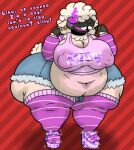 absurd_res ambiguous_gender anthro arm_warmers armwear belly_overhang big_breasts big_butt bottomwear bovid breasts buckteeth butt caprine cleavage clothed clothing crop_top cutoffs denim denim_bottomwear denim_clothing dialogue domi_(dominogooper) dominogooper ear_piercing ear_ring fluffy fluffy_hair footwear fur gender_confusion girly glitter hair hair_over_eyes hi_res high_heels highlights_(coloring) hooves huge_butt legwear makeup male mammal neck_tuft nipple_outline obese obese_anthro obese_male open_mouth overweight overweight_anthro overweight_male piercing pink_tongue platform_footwear platform_heels ring_piercing sheep shirt short_tail shorts smile solo tail teeth text text_on_clothing text_on_shirt text_on_topwear thick_thighs thigh_highs tiny_bulge tongue topwear tuft white_body white_fur wool_(fur)