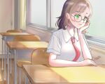  1girl chair dated day desk glasses green_eyes highres indoors medium_hair necktie red_necktie school_desk school_uniform shirt short_sleeves sitting smile solo white_shirt window yuurikouimari yuzuriha_maimai zombie_land_saga 