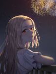  1girl aerial_fireworks blonde_hair closed_mouth fireworks highres long_hair looking_at_viewer night night_sky original outdoors railing red_eyes shirt sky solo tanac_mangi white_shirt 