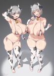  2girls animal_ears animal_print areola_slip arm_up armpits bare_shoulders bell bikini blue_eyes breasts cleavage closed_eyes cow_ears cow_horns cow_print cowbell elbow_gloves facing_viewer fake_animal_ears fake_horns fang fingerless_gloves full_body gloves grey_hair hair_over_shoulder hand_up highres horns huge_breasts long_hair looking_at_viewer micro_bikini mother_and_daughter multiple_girls neck_bell open_mouth print_bikini print_gloves short_hair side-tie_bikini_bottom skindentation sweat swimsuit thighhighs uzaki-chan_wa_asobitai! uzaki_hana uzaki_tsuki white_thighhighs xiangzi_box 
