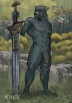 absurd_res anthro balls big_sword blaidd_(elden_ring) canid canine canis elden_ring flaccid foreskin fromsoftware front_view genitals greatsword hi_res holding_object holding_sword holding_weapon humanoid_genitalia humanoid_penis male mammal melee_weapon mlerrhe muscular muscular_anthro muscular_male nude outside pecs penis scar solo standing strip_game sword warrior weapon wolf