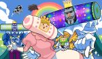  1girl 1other 2boys bear black_eyes black_hair blonde_hair blue_suit blush cape cloud cow crown dress facial_hair flower frills gloves grasslands highres katamari_damacy king_of_all_cosmos loveycloud multiple_boys mustache one_eye_closed open_mouth outline pants pink_dress pointing pointing_at_viewer purple_hair purple_pants queen_of_all_cosmos rainbow roboking_(katamari_damacy) robot sparkle suit the_prince_(katamari_damacy) white_gloves white_outline white_suit yellow_eyes 