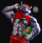 2023 abs absurd_res anthro armpit_hair beard bell biceps black_body black_fur black_hair black_nipples body_hair bottomwear chest_hair chest_tuft christmas christmas_clothing christmas_headwear claws clothed clothing clothing_lift deltoids dialogue facial_hair felid finger_claws fur gift gloves_(marking) grey_body grey_fur hair happy_trail hat headgear headwear hi_res holding_gift holding_object holidays looking_at_viewer male mammal markings multicolored_body multicolored_fur muscular muscular_anthro muscular_male nipples obliques pantherine pants pecs racha_(suck-nis) red_bottomwear red_clothing red_pants red_shirt red_tank_top red_topwear santa_hat serratus shirt shirt_lift solo speech_bubble striped_body striped_fur stripes suck-nis tank_top tiger topwear tuft two_tone_body two_tone_fur vein veiny_muscles white_hair yellow_eyes