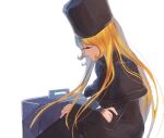  1970s_(style) 1girl azuma_(magi-inazuma) blonde_hair briefcase closed_eyes coat commentary_request concept_art fur_coat fur_hat ginga_tetsudou_999 hat long_hair maetel matsumoto_leiji_(style) official_style resting retro_artstyle science_fiction signature sitting sketch sleeping very_long_hair 