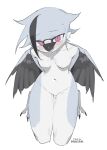anthro areola avian beak biped blue_body blush breasts duo female hi_res kaltespur kneeling looking_at_viewer male male/female nipples non-mammal_breasts red_eyes simple_background white_background wings