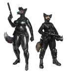 2023 anthro balaclava black_clothing boots bottomwear canid canine cettus chubby_anthro chubby_female clothed clothing duo explosives female fist footwear fox fully_clothed grenade gun handgun hi_res holding_gun holding_handgun holding_object holding_pistol holding_weapon holster knee_pads mammal mask night_vision_goggles pants pistol pose ranged_weapon shirt shoes silencer simple_background skinsuit slightly_chubby soldier standing submachine_gun tail tight_clothing topwear underbarrel_grenade_launcher warrior weapon white_background