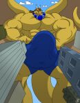 2009 anthro beads big_abs big_biceps big_bulge big_muscles blue_clothing blue_underwear building bulge city clothing cloud digital_media_(artwork) dracoofzeradaith dragon gold_scales hair horn huge_bulge huge_muscles huge_pecs juano looking_at_viewer low-angle_view macro male membrane_(anatomy) membranous_wings muscular muscular_anthro muscular_male outside ponytail scalie sky solo tail underwear western_dragon wings worm&#039;s-eye_view