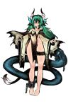  1girl absurdres bare_shoulders barefoot black_capelet breasts capelet chain chinese_commentary commentary_request cuffs dragon_girl fins fur-tipped_tail green_eyes green_hair head_fins highres horns long_hair long_sleeves looking_at_viewer nail_polish no_pants no_pupils original robe shackles smile solo sora_sakura tail_belt thigh_strap underboob very_long_tail white_background 