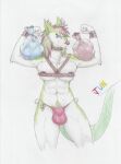 anthro bell bell_harness breast_squish breasts bulge christmas christmas_clothing christmas_headwear clothing female gift harness headgear headwear herm hi_res holidays intersex jingle_bell jingle_bell_harness jun_snowy muscular muscular_female reindeer_antlers sergal solo squish straps