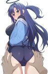  1boy 1girl ass ass_grab black_shirt blue_archive blue_buruma blue_jacket blush breasts buruma from_behind grabbing_another&#039;s_ass groping half_updo halo hetero highres jacket kurowan long_hair long_sleeves looking_at_viewer looking_back medium_breasts parted_bangs ponytail purple_eyes purple_hair pussy shirt sidelocks simple_background solo_focus spread_pussy spread_pussy_under_clothes standing star_sticker sticker_on_face thighs track_jacket yuuka_(blue_archive) yuuka_(track)_(blue_archive) 
