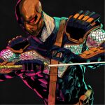  1boy abs absurdres armor belt black_background black_bodysuit bodysuit dc_comics deathstroke glowing glowing_eyes highres holding holding_sword holding_weapon looking_ahead male_focus mask muscular muscular_male red_eyes sidelighting simple_background solo sword udaruga upper_body utility_belt weapon 
