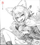  2girls absurdres bow cloak commentary_request flower greyscale hair_between_eyes hair_bow highres imaizumi_kagerou ke-su long_sleeves looking_at_viewer monochrome multiple_girls ribbon-trimmed_bow sekibanki shirt shoes short_hair skirt solo_focus tongue tongue_out touhou translation_request 