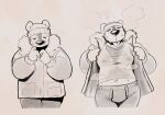 2024 absurd_res anthro bear biped bodily_fluids clothing coat digital_media_(artwork) hat headgear headwear hi_res male mammal monochrome p.bear peculiart simple_background solo standing steam steaming_body sun_bear sweat sweatdrop tongue tongue_out topwear undressing ursine wet wet_clothing