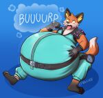 anthro belt burping canid canine clothing epic_games fennix_(fortnite) fortnite fox fur grabbing_stomach green_clothing hi_res inflated_belly inflation male mammal orange_body orange_fur overweight overweight_anthro sitting solo spikes suit tongue tongue_out v1sage white_body white_fur yellow_eyes