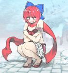  1girl bikini blue_bow blush bow cold commentary_request full_body ginnkei hair_bow open_mouth outdoors red_eyes red_hair red_scarf ribbon-trimmed_bikini ribbon-trimmed_bow sandals scarf sekibanki short_hair sitting solo squatting swimsuit tearing_up touhou touhou_lost_word wind 
