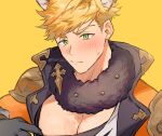  1boy animal_ears animal_hands bara black_tank_top blonde_hair blush closed_mouth fur_collar gloves granblue_fantasy green_eyes halloween_costume hao_(haozz) jacket large_pectorals looking_at_viewer male_focus muscular muscular_male official_alternate_costume orange_jacket paw_gloves pectorals shirt short_hair simple_background solo tank_top three_quarter_view torn_clothes torn_shirt vane_(granblue_fantasy) vane_(halloween)_(granblue_fantasy) white_shirt wolf_boy wolf_ears wolf_paws yellow_background 