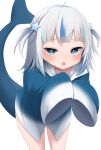  1girl absurdres ahoge blue_eyes blue_hair blue_hoodie blush fins fish_tail gawr_gura gawr_gura_(1st_costume) grey_hair hair_ornament highres hololive hololive_english hood hoodie looking_at_viewer medium_hair multicolored_hair open_mouth shark_girl shark_tail shuka_(imagesyurrrr) sleeves_past_fingers sleeves_past_wrists solo star_(symbol) star_hair_ornament streaked_hair tail two_side_up virtual_youtuber white_background 