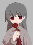  1girl ascot brown_hair closed_mouth expressionless flat_color flower grey_background grey_shirt highres holding holding_flower ib ib_(ib) long_hair looking_to_the_side muku_(d4uydnvxygxewu3) red_ascot red_eyes red_flower red_rose rose shirt solo 