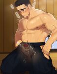  1boy ^^^ abs bara black_hair blush closed_mouth clothed_masturbation clothing_cutout collarbone commentary_request dojo frown hakama hakama_pants highres japanese_clothes kneeling large_pectorals male_focus male_masturbation male_pubic_hair masturbation muscular muscular_male nipples original pants pectorals pubic_hair sarukichi_6401 short_hair solo steaming_body strongman_waist sweat thick_eyebrows thigh_cutout topless_male very_sweaty x-ray 