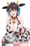  1girl animal_ears animal_print bare_shoulders bell blush breasts brown_eyes brown_hair cleavage collar cow_ears cow_horns cow_print frilled_skirt frills gloves headset highres horns huge_breasts idolmaster idolmaster_cinderella_girls kannko_bokujou looking_at_viewer milk_churn neck_bell oikawa_shizuku one_eye_closed open_mouth pink_gloves short_hair skirt smile solo 