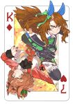  2girls animal_ears ascot aston_machan_(umamusume) asuka_(junerabitts) black_ascot black_gloves black_thighhighs commission crown ear_covers floating_hair frilled_thighhighs frills garter_straps gloves highres horse_ears horse_girl king_(playing_card) king_halo_(umamusume) king_of_diamonds looking_at_viewer mini_crown multiple_girls poker red_nails red_shirt rotational_symmetry seven_of_hearts shirt skeb_commission smile thighhighs umamusume yellow_eyes 